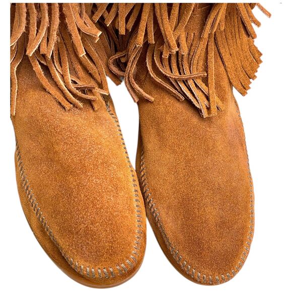 Minnetonka Women’s 5-Layer Fringe Suede Leather Tall Boots Brown Boho Size 11 - Picture 9 of 12